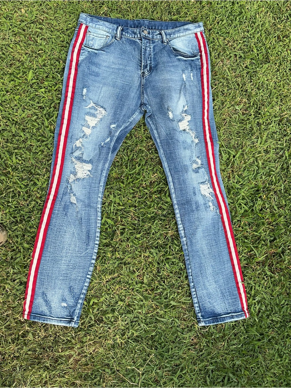 DOPE Blue Skinny Jeans with Red & White Side Stripes